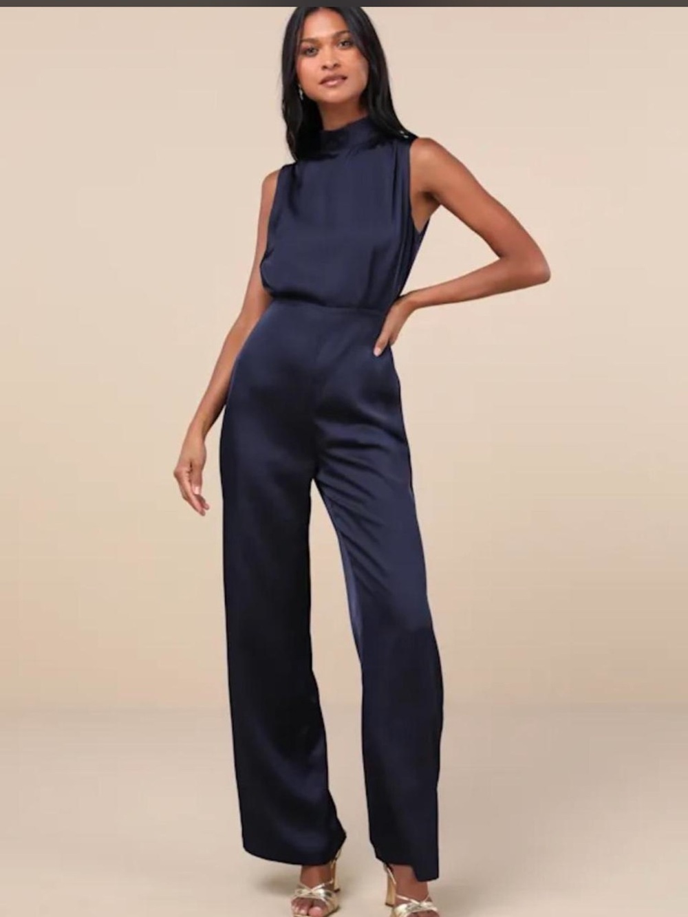 Lulus Classic Elegance Navy Blue Satin Sleeveless Mock Neck Jumpsuit